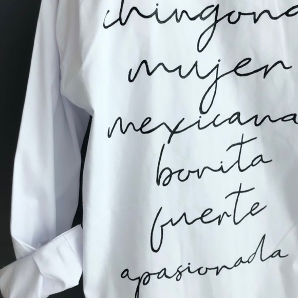 Button Down Shirt White Long Sleeve Chingona Mujer Mexicana Hand Painted Small - Picture 11 of 13